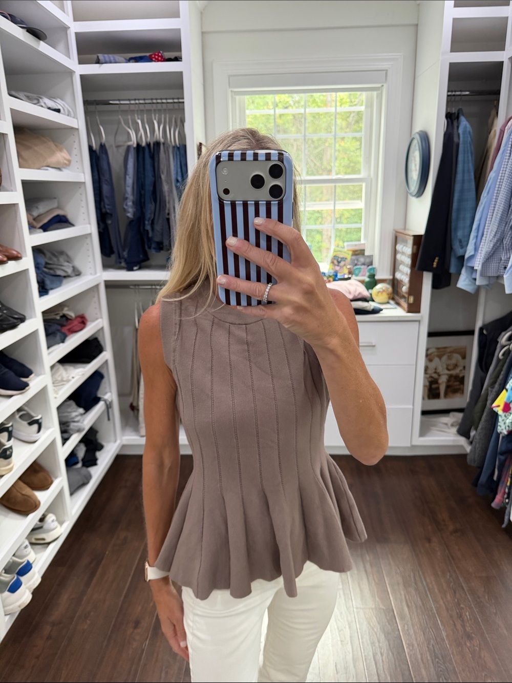 Sleeveless Ribbed Peplum Knit Top in Taupe S